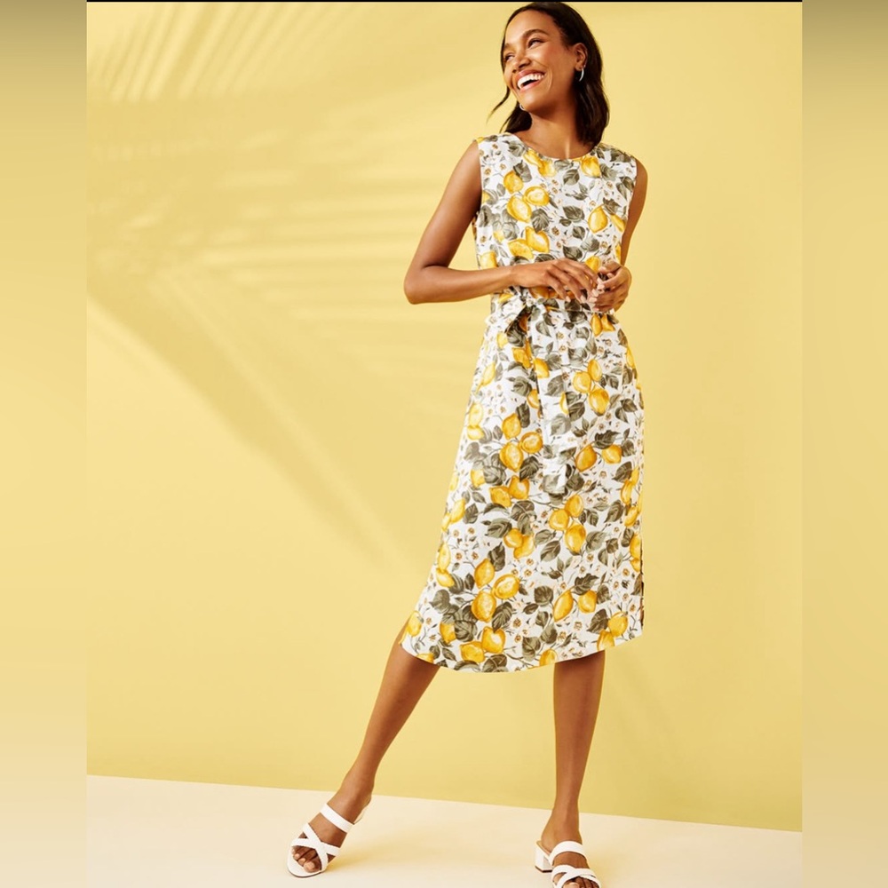 Ann Taylor Factory Lemon Print Linen Blend Belted Midi Dress Size 8